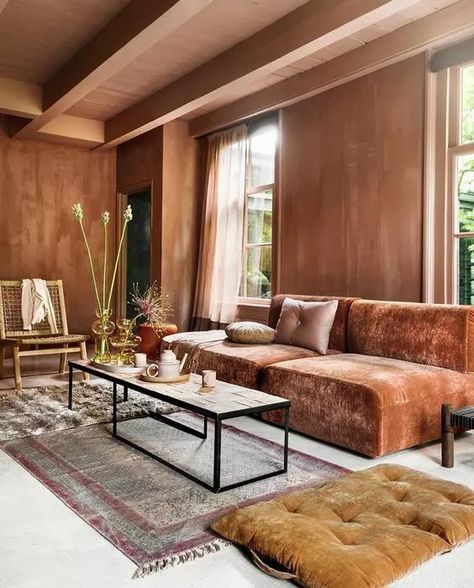 terracotta walls with burnt orange sofa Burnt Orange Walls Living Room, Limewash Living Room, Rust Cushions, Pink Limewash, Burnt Orange Sofa, Sofa Rosa, Terracotta Walls, Charlottenburg Palace, Low Sofa