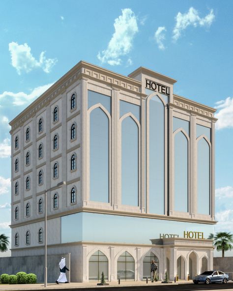 islamic style exterior elevation design hotel | Behance Classic Hotel Design Exterior, Islamic Hotel Design, New Classic Architecture Building, Hotel Elevation Exterior, Hotel Elevation Design, Exterior Hotel Design, Behance Exterior, New Classic Architecture, Acp Exterior Design