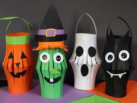 Halloween Lanterns Diy Kids, Paper Lantern Halloween, Halloween Tin Can Luminaries, Halloween Paper Lanterns, Halloween Paper Luminaries, Halloween Diy Kids, Halloween Diy Paper, Candle Wrap, Halloween Lanterns