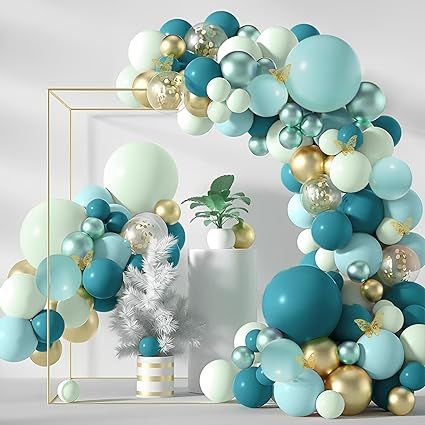 Amazon.com: 133Pcs Teal Balloons Arch Kit DIY Balloon Arch Garland Kit with Double-Stuffed Teal Balloons Gold Butterfly Blue Balloons Arch Kit for Birthday Wedding Bridal Baby Shower Communion Party Decorations : Home & Kitchen Teal Engagement Party, Teal Baby Shower Ideas, Teal Party Decor, Teal Party Decorations, Teal Blue Decor, Peacock Birthday, Teal Balloons, Diy Balloon Arch, Teal Party