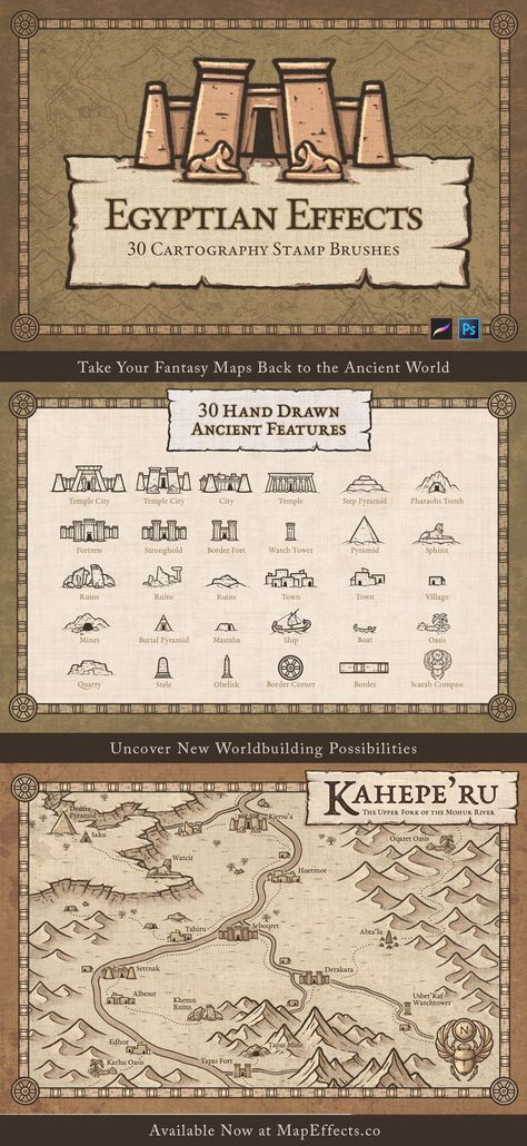 A pack of 30 Egyptian inspired icons for fantasy maps and worldbuilding. compatible with Procreate & Photoshop Fantasy Map Icons, Fantasy Map Drawing Ideas, Map Effects, Map Sketch, Fantasy City Map, Fantasy Map Making, Fantasy World Map, Dungeon Master's Guide, Map Icons