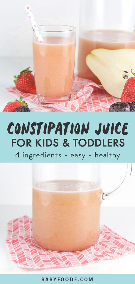 This homemade constipation juice is the perfect natural constipation remedy for both toddlers and older kids alike - no juicer required! This healthy juice is made in the blender with fresh pears, strawberries, prunes and a touch of honey. It's a homemade remedy that really works and that your kids will love to drink! #kids #toddlers #constipation #juice Natural Constipation Remedies, Smoothie Bowl Vegan, Constipation Remedies, Homemade Juice, Healthy Toddler Meals, Toddler Snacks, Homemade Remedies, Homemade Baby, Detox Juice