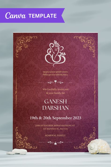 Ganesh Invitation Template, Ganesh Chaturthi Invitation Card, Card Templates Printable, Invitation Card Template, Ganesh Chaturthi, Font Styles, Wedding Card, Editable Template, Invitation Card