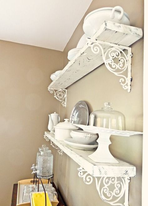 .the brackets might make good decor for my bath. Are they too fru fru? #ShabbyChicDressers Shabby Chic Laundry Room, Camera Shabby Chic, Baños Shabby Chic, Cocina Shabby Chic, Shabby Chic Accessories, Muebles Shabby Chic, Shabby Chic Shelves, Shabby Chic Interior Design, Cottage Decorating