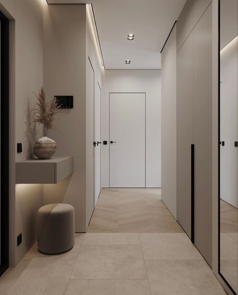 Modern Minimalist Hallway, Contemporary Hallway Ideas, Beige Corridor, Hall Entrance Design, Corridor Design Home, Corridors Design Home, Corridor Interior Design, Hallway Beige, Gallery Wall Tips