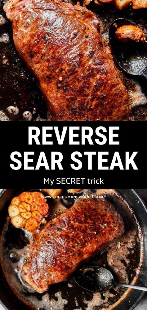 This reverse sear steak is the foolproof way of cooking thick steaks and yields the most gorgeous crust. Minimal prep is needed and perfectly cooked meat every single time. Reverse Sear Ribeye, Sear Steak, Reverse Sear Steak, Ways To Cook Steak, Frozen Steak, Ribeye Steak Recipes, Steak In Oven, Leftover Steak, Frozen Meat