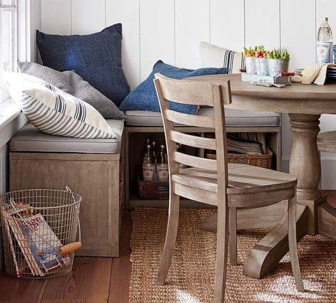 Love the cushioned bench as part of the table in the breakfast nook. Also love the color of the pillows. AND I'm obsessed with light driftwood furniture! Modular Banquette Set from pottery barn Shasta Remodel, Modular Banquette, Ny House, Banquette Dining, Eclectic Dining Room, Dining Banquette, Eclectic Dining, Garden Apartment, Corner Bench