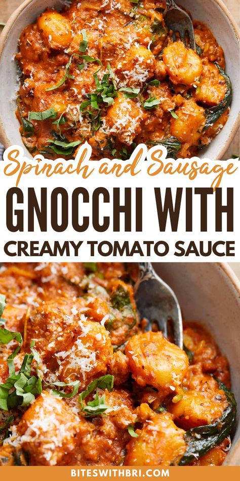 Gnocchi With Spicy Tomato Sauce, Gnocchi In Tomato Sauce, Red Sauce Gnocchi Recipes, Gnocchi Red Sauce Recipes, Tomato Gnocchi Recipes, Sausage And Gnocchi Recipes, Gnocchi Vodka Sauce, Italian Sausage And Gnocchi, Gnocchi With Vodka Sauce