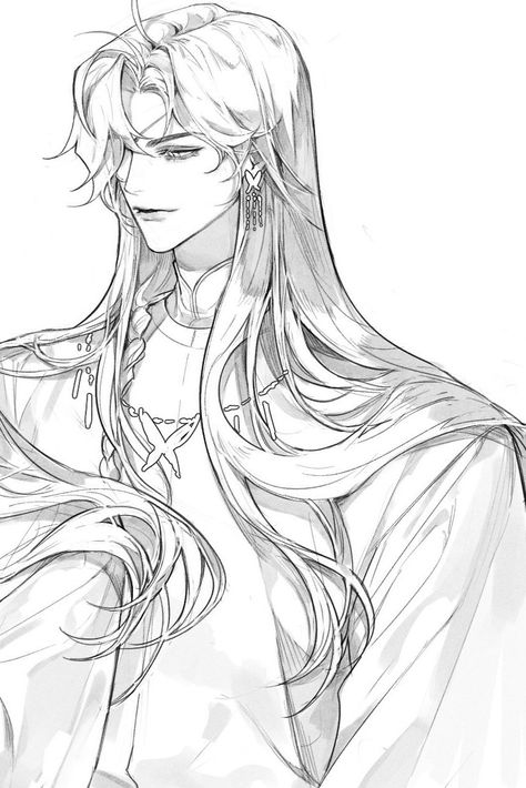 Hair Falling Down Reference, Hair Laying Down Reference, Half Up Hair Drawing, Long Hairstyles For Men Drawing, Long Hair Guy Drawing, Intricate Design Drawing, Hua Cheng Drawing, Manga Hair Reference, Male Long Hairstyles Drawing