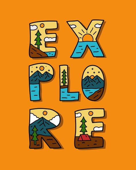 Vector explore letter with nature mounta... | Premium Vector #Freepik #vector #camping #camping-adventure #camping-illustration #camping-background Sablon Kaos Design, Kaos Design, Camping Vector, Tshirt Sticker, Camping Design, T Shirt Logo Design, Mountain Camping, Shirt Logo Design, Mountain Tshirt