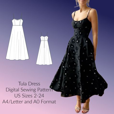 Tula Sundress - Spaghetti Straps - Digital Sewing Pattern - US Sizes 2-24 - A4/Letter & A0 Format Dress Top Sewing Pattern, Tea Length Dress Pattern, Simple Dresses To Make, Starter Sewing Patterns, Sew Wedding Guest Dress, Strappy Dress Pattern, Easy Dress Patterns For Beginners, Women’s Dress Sewing Patterns, Whimsical Sewing Patterns