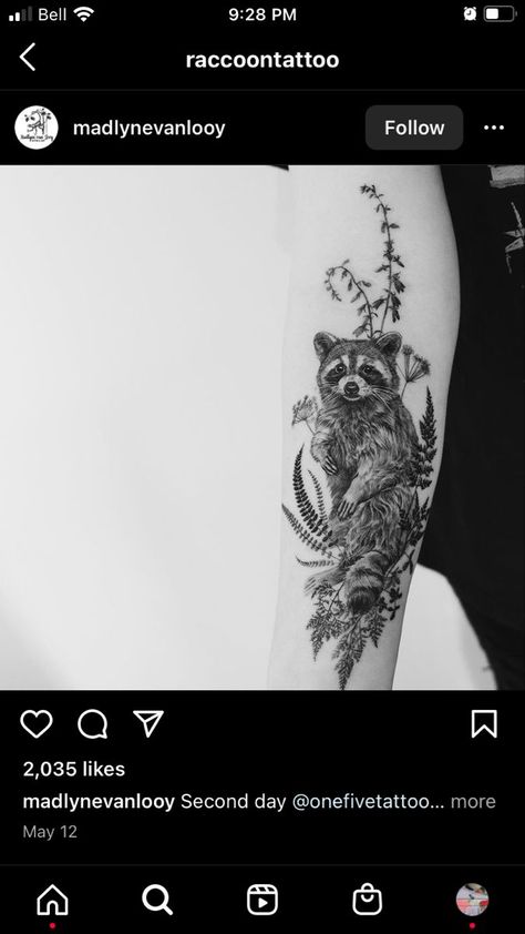 Raccoon In Tree Tattoo, Raccoon And Flowers Tattoo, Raccoon Flower Tattoo, Forearm Animal Tattoo, Forest Animals Tattoo, Wild Life Tattoos, Wildlife Tattoo Sleeve, Wildlife Tattoo Women, Fox And Flowers Tattoo