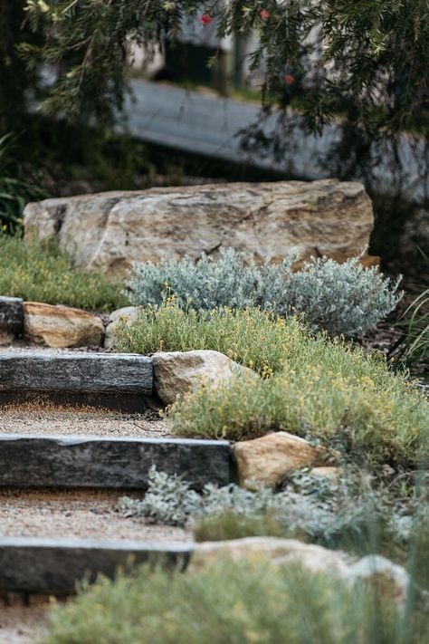 Australian Garden Design, Australian Native Garden, Garden Stairs, Sloped Garden, Australian Garden, Garden Steps, Coastal Gardens, Landscaping With Large Rocks, Have Inspiration