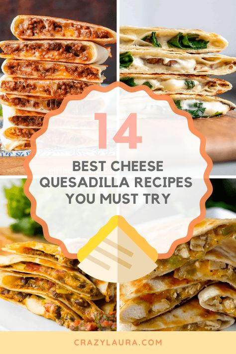 Tortilla filled with melted cheese? Yes, please! The possibilities are unlimited when it comes to cheese quesadilla recipes! #Foodie #MexicanCuisine #MexicanFood Guada Cheese Recipes, Quesadilla Ideas Dinners, Quesadilla Filling Ideas, Unique Quesadillas, Unique Quesadilla Recipes, Cheese Casadillas, Quessidla Recipes, Cheese Quesadilla Recipes, Quesadilla Pizza