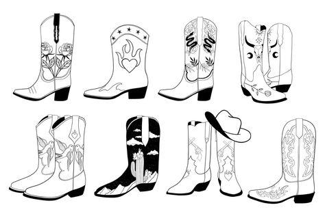 Drawn Cowboy Boots, Cowboy Boots Line Drawing, Cowboy Boot Tattoo Design, Cowboy Boot Sketch, Cowboy Boot Design, How To Draw Cowboy Boots, Cowboy Boot Doodle, Cartoon Cowboy Boots, Cowboy Boot Outline