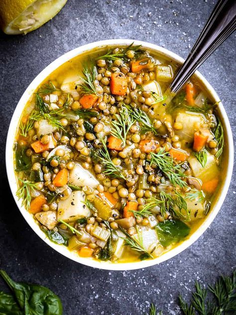 French Lentil Soup with Turnips and Dill Soup With Turnips, Lentil Plant, French Lentil Soup, Turnip Soup, Turnip Recipes, French Green Lentils, Vegan Lentil Soup, French Lentils, Vegan Lentil