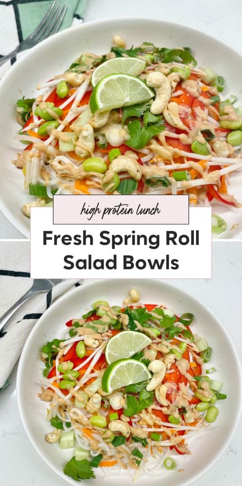 Enjoy a fresh spring roll salad bowl with creamy peanut dressing that brings all the flavors of a spring roll bowl into one dish. This spring roll salad features a delicious peanut sauce for a burst of flavor. Perfect for healthy bowls, this Asian dish is a spring roll in a bowl recipe you'll love. Spring Roll In A Bowl, Spring Roll Bowl, Spring Roll Salad, Easy Spring Rolls, Spring Roll Bowls, Asian Dish, Fresh Spring Rolls, Salad Rolls, Quick Salads