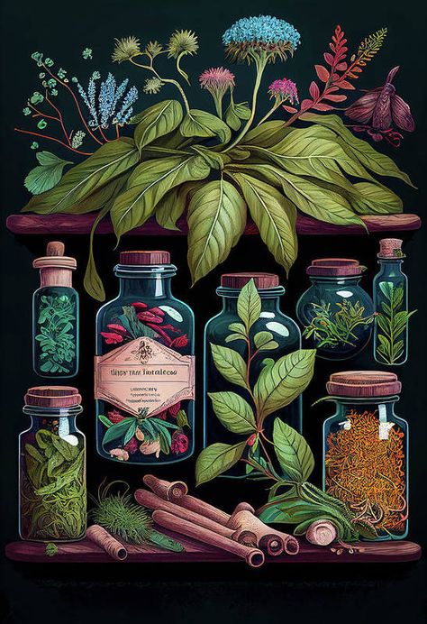 Herbal Apothecary Aesthetic, Apothecary Aesthetic, Herbal Apothecary, Green Witch, Digital Watercolor, Book Of Shadows, Fractal Art, Tag Art, Botanical Illustration