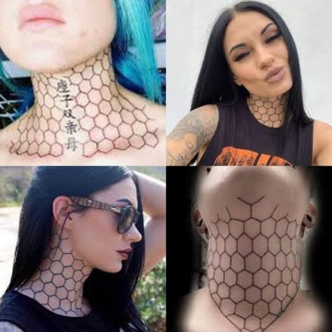 Honeycomb Neck Tattoos Women, Beehive Neck Tattoo, Honeycomb Throat Tattoo, Honeycomb Tattoo Neck, Hexagon Neck Tattoo, Honey Comb Neck Tattoos, Honeycomb Neck Tattoo, Geometric Honeycomb Tattoo, Tattoo Honeycomb