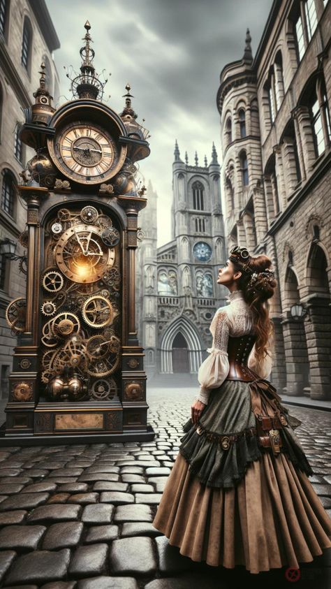 Step into the realm of steampunk elegance as a woman gazes upon a captivating clock. Transport yourself to an era of Victorian sophistication and mechanical marvels, where time is measured with intricate gears and brass accents. Explore the fusion of vintage charm and futuristic design in this enchanting tableau of nostalgia and innovation. Steampunk Worldbuilding, Steampunk Poster, Steampunk Clocks, Punk Background, Time Portal, Steampunk Mixed Media Art, Steampunk Interior, Steampunk Elements, Clock Drawings