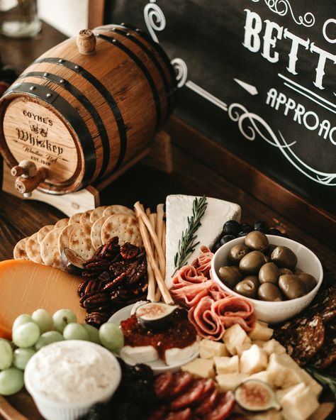 A Grandfather's 90th Birthday Party is "Aged to Perfection" | t this table, there was much to go around: fresh green olives, crackers, pecans, and meats, plus cheese of all choices including a savory blackberry brie. A fresh fruit platter was assembled by her future sister-in-law. This small oak barrel—complete with spigot and bung—was personalized with his name.  #entertaining #partyplanning #marthastewart #birthdayparty Aged To Perfection Birthday Party, Vintage Birthday Party For Men, Man Birthday Party Decorations, Aged To Perfection Party Theme, Blackberry Brie, Masculine Party, Fresh Fruit Platter, Whiskey Party, Party Planning 101