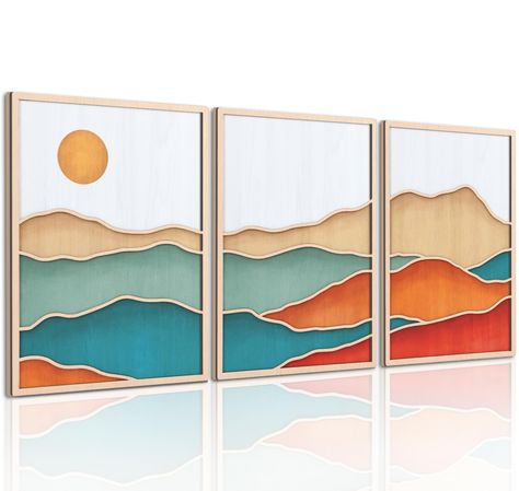 PRICES MAY VARY. BOHO SUN WALL ART SET- CHDITB abstract mountain clouds wall decor is designed with bohemian style, a landscape painting of a sunrise and sunset between mountain scene in watercolor. SOPHISTICATED 3D DESIGN- Our mid century modern sun wall art sign features a 3D laser engraved design with a thickness of 3mm. Unlike the ordinary wood sign, this has a multi-layered visual effect. A CREATIVE HOME WALL DECOR GIFT- This watercolor landscape home decor can be a nice housewarming gift o Japandi Artwork, Mountain Minimalist, Mid Century Landscape, Abstract Sunrise, Mountain Wood Wall Art, Sunset Artwork, Landscape Art Prints, Nature Abstract, Minimalist Watercolor