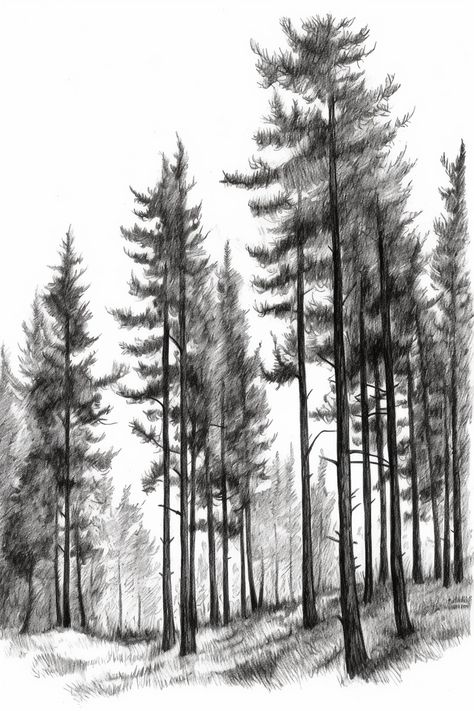 How To Draw Trees In The Distance, Drawing Ideas Trees Nature, How To Draw Tree Leaves, Drawing Forest Pencil, Pine Tree Drawing Pencil, Forest Sketch Simple, Twisted Tree Drawing, Tree Forest Drawing, Forest Drawing Ideas