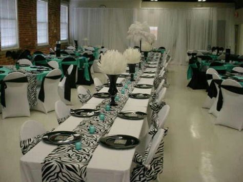 Turquoise & zebra print wedding! This was one of my favorite weddings to do & with only 3 weeks of planning ♥ Turquoise Quince, Zebra Wedding, Events Decorations, Zebra Party, Head Tables, Purple Zebra, Chair Covers Wedding, Events Decor, Centerpieces Wedding