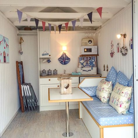 Beach Hut Hire UK: 10 Gorgeous Huts That'll Melt Your Ice-Cream - Weekend Candy Beach Hut Ideas, Beach Hut Aesthetic, Beach Huts Uk, Hut Aesthetic, Beach Hut Shed, Costal Vibe, Beach Hut Interior, Hut Interior, Campsite Decorating