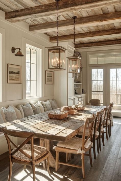 Transform Your Space with Rustic Dining Rooms 🍽️✨ Create a charming and cozy dining room with rustic decor. Use natural materials, earthy tones, and vintage accents for a warm and inviting space. 🌿🪵 #RusticDiningRoom #HomeDecor #CountryStyle #DiningRoomInspo European Cottage Dining Room, Oak Dining Table Decor, Nordic Dining Room Scandinavian Design, Walk Through Dining Room, Ranch Style Dining Room, Cozy Dining Room Aesthetic, Dining Room Country Style, Vintage Farmhouse Dining Room, Rustic Style Interior Design