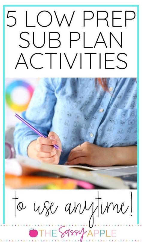 Planning for a sub is one of the worst aspects of being a teacher. With these 5 activities, you can write sub plans once and use them over and over with whatever concept/skill your students are working on. These are meaningful activities that take little to no prep. Easy Substitute Teacher Activities, Substitute Teacher Art Activities, Substitute Teacher Ideas Activities, Substitute Teacher Worksheets, 1st Grade Substitute Activities, Substitute Teacher Games, Supply Teacher Activities, Sub Notes To Teacher, 4th Grade Substitute Activities