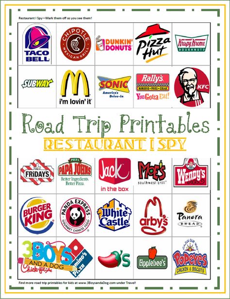 Road Trip Printables for Kids: Restaurant I Spy - and check out the links on the page to more fun travel activities and ideas for that long drive to Disney World! Road Trip Printables For Kids, Kids Restaurant, Road Trip Printables, Kids Restaurants, Trip Games, Road Trip Activities, Road Trip Games, Traveling Ideas, Printables For Kids