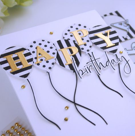 desert diva : Happy birthday balloons in black, white & gold Simple Birthday Cards For Men Handmade, Masculine Birthday Cards Men, Female Birthday Cards Handmade, Womens Crafts, Man Birthday Card, Birthdays Cards, Balloon Cards, Happy Birthday Cards Handmade, Cricut Templates