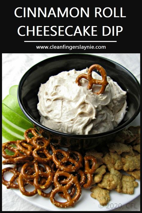 Cinnamon Roll Cheesecake Dip (Easy 10 Minute Recipe) - Clean Fingers Laynie Cinnamon Roll Cheesecake Dip, Cinnamon Dip For Pretzels, Apple Cinnamon Dip, Pretzel Factory Cinnamon Dip Recipe, Cinnamon Roll Dip, Bagel Chips Dip, Cheesecake Dip Easy, Pretzel Dip Recipes, Cinnamon Bagels