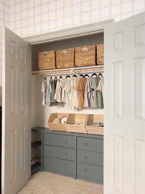 Living Room Storage Closet, Nursery Closet Doors, Boys Room Storage Ideas, Small Closet Makeover, Kids Closets, Toddler Closet, Wooden Bins, Ikea Desk Hack, Closet Organized