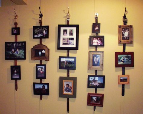 My belted picture hangers. A good use for all those old leather belts. Belt Decoration Ideas, Uses For Old Leather Belts, Old Belts Ideas Diy Projects, Belt Crafts, Leather Belt Crafts, Belt Ideas, Diy En Cuir, Picture Hangers, Reuse Recycle