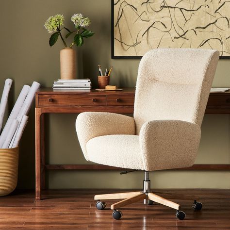 An executive-style chair is upholstered in a high-performance fabric, with subtle curves for a dramatic look and comfortable sit. Casters and seat heigh adjustability for ease in the modern office.Product Overview Color: Polished Aluminum Dimensions: 30.75"W x 31.5"D x 42"H Materials: Aluminum, Solid Ash, 73% Pl, 19% Pc, 8% L Performance Fabric: Yes Weight: 59.3 lb Specifications Seat Dimensions: 19.50"D Adjustable Seat Height Min/Max: 19" / 21.50" Seat Construction: Wooden Platform Arm Height f Cream Desk, Contemporary Office Furniture, Modern Executive Desk, Modern Desk Chair, Upholstered Office Chair, Contemporary Home Office, Contemporary Office, Office Desk Chair, Modern Home Office