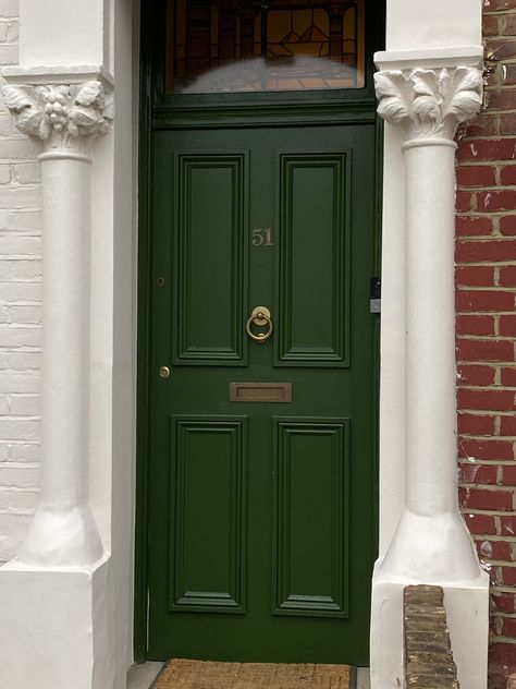 Green Front Door Brown House, Green Door Bedroom, Green Front Door Brass Hardware, Green Door Paint Colors, Emerald Front Door, Dark Green Front Door Brick House, Forest Green Front Door, Green Doors Front Entrance, Green Exterior Door