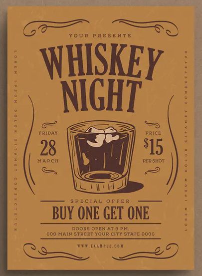 Whiskey Night Event Flyer Template AI, PSD Whiskey Poster Design, Whiskey Graphic Design, Whiskey Party Invitation, Whiskey Invitation, Whiskey Branding, Menu Design Ideas Templates, Whiskey Ads, Whiskey Night, Event Invitation Design