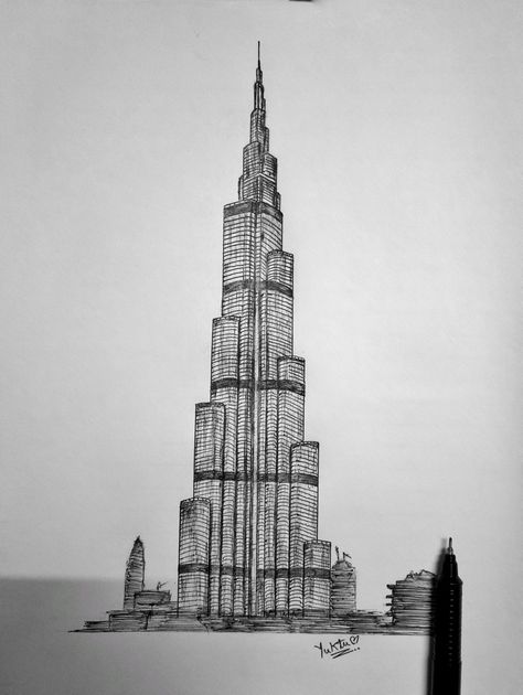 Burj Khalifa Dubai Pen Sketch Dubai Drawing Sketch, Architecture Sketch Simple Building, Burj Khalifa Sketch, Building Sketch Simple Architectural Drawings, Burj Khalifa Drawing, Dubai Sketch, Dubai Drawing, برج العرب, Dubai Art