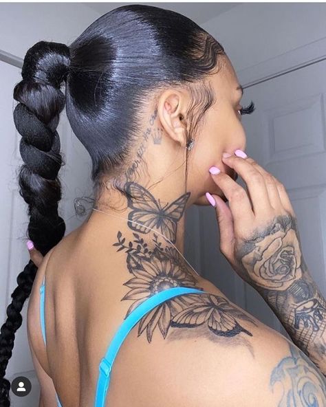 Neck Tattoo Sleeve Women, Neck And Back Tattoo, Butterfly Neck Tattoos Women, Cute Neck Tattoos For Women, Side Neck Tattoos Women, Neck Tattoo Cover Up, Women Neck Tattoo, Hairstylist Tattoos, Butterfly Neck Tattoo