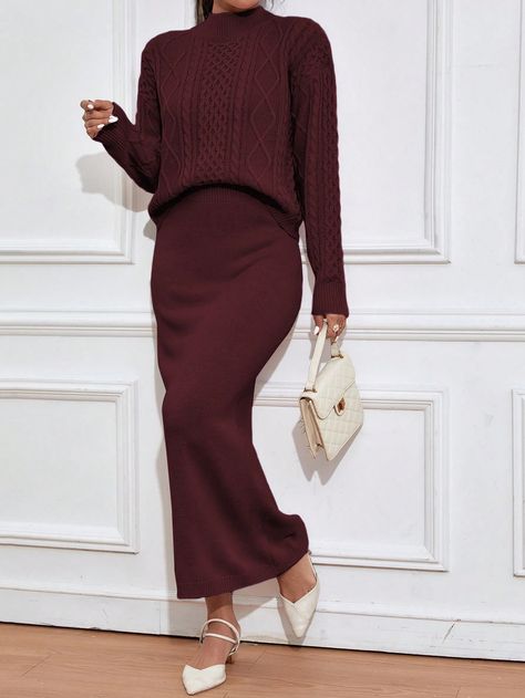 SHEIN Mulvari Women's Cable Knit Sweater And Knitted Skirt Two Piece SetI discovered amazing products on SHEIN.com, come check them out! Burgundy Skirt Outfit Fall, Burgundy Skirt Outfit, Silk Skirt Outfit, Knit Skirt Outfit, Skirt Outfit Fall, Plain Skirt, Cable Knit Sweater Womens, Burgundy Skirt, Skirt Two Piece