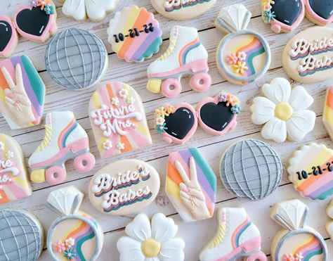 Megan Hoy (@monarch.baking.co) • Instagram photos and videos Born In The Wrong Era, Engagement Party Themes, Bachelorette Cookies, Bridal Theme, Bridal Shower Cookies, Disco Theme, Shower Cookies, Sugar Cookie Designs, Pastry Art