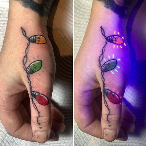 Did Some UV Christmas Lights Tattoo For My Beautiful Girlfriend Xo Tattoo, Christmas Tattoos, Snow Flake Tattoo, Uv Tattoo, Light Tattoo, Christmas Tattoo, Tattoos Skull, Tattoo Care, Traditional Tattoo Art