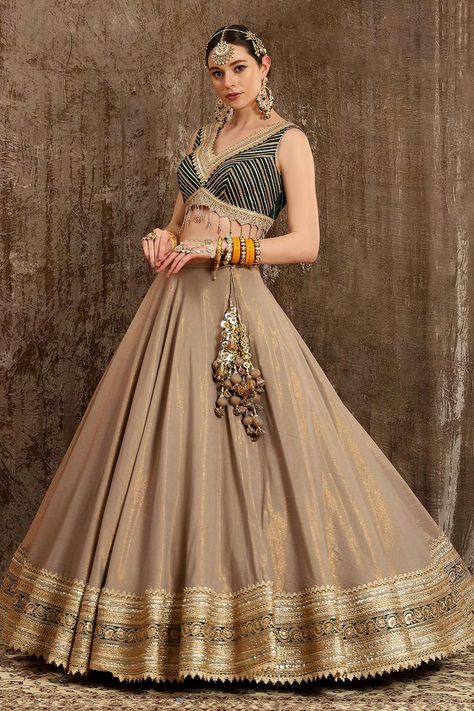 Buy Shikhar Sharma Grey Shimmer Chanderi Lehenga Set Online | Aza Fashions Zari Lehenga, Chanderi Lehenga, Tassels Blouse, Grey Lehenga, Peach Lehenga, Leaf Sleeve, Bead Tassels, Orange Lehenga, Engagement Lehenga