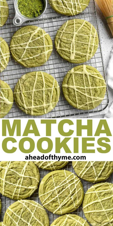 These homemade Matcha Cookies are the perfect sugar cookies with a bold green color and matcha's distinct grassy flavor. The sweetness balances the earthiness of the green tea powder, and a little melted white chocolate drizzle makes them look like edible art. They're soft and chewy, and the perfect cookies for matcha lovers! | aheadofthyme.com #matchacookies via @aheadofthyme Thick Matcha Cookies, Best Matcha Cookies Recipe, Matcha Oatmeal Cookies, White Chocolate Matcha Cookies, Matcha Soft Cookies, Macha Dessert, Matcha Baking Recipes, Match Cookies, Matcha Sugar Cookies