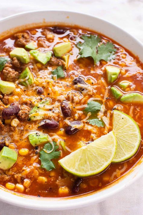 Taco Soup With Ground Turkey, Taco Soup With Turkey Meat, Ground Turkey Taco Soup Crock Pot, Ground Chicken Taco Soup, Ground Turkey Tortilla Soup, Soup With Ground Turkey Meat, Slow Cooker Ground Turkey Recipes, Ground Turkey Breakfast Recipes, Soup With Ground Chicken