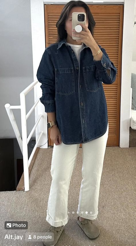 Cardigan As A Top Outfit, Outfits For Running Errands Winter, Cream Denim Pants Outfit, Fall Casual Friday Work Outfits, Cream Denim Jeans Outfit, Relaxed Fit Jeans Women Outfits, Lunch Date Outfit Summer Casual, White Collared Shirt Outfit, Barn Jacket Outfits