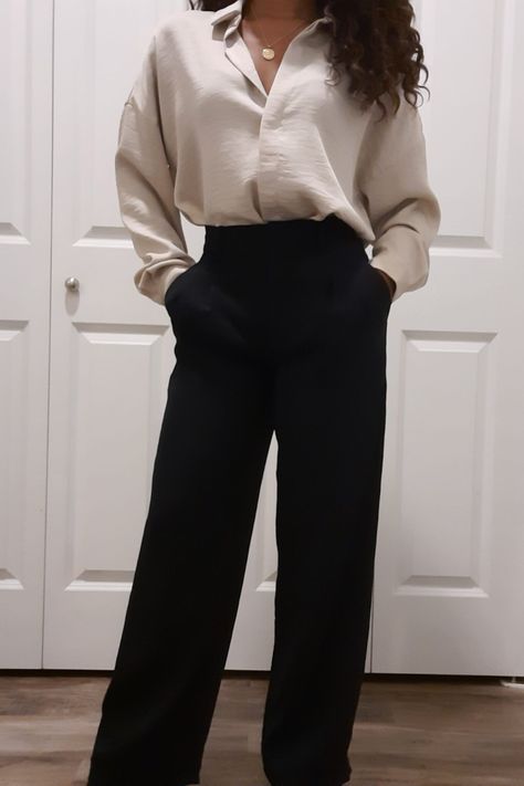 women's trouser How To Style Effortless Pants, Wide Leg Black Pants Outfit Classy, Effortless Pants Aritzia Outfit Work, Wide Leg Dress Pants Outfit Dressy, Black Flowy Pants Outfit Work, Large Black Pants Outfit, Black Effortless Pants Outfit, Dressy Black Pants Outfit, Black Wide Leg Pants Outfit Dressy