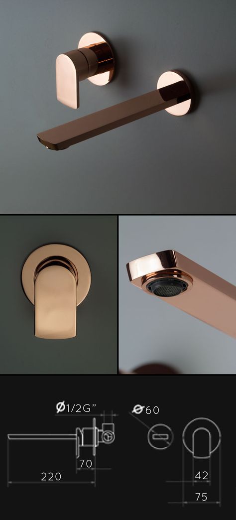 Copper Fixtures, Restauration Hardware, Wall Basin, Bath Cabinet, Gold Taps, Wall Mounted Taps, Copper Bathroom, Wall Taps, Faucet Design